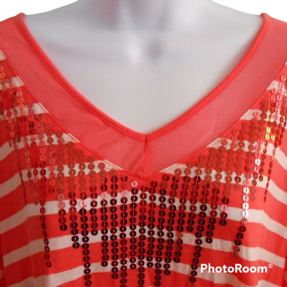 RXB Women's Plus Size Stripe V Neck T Shirt Orange White Striped Sequins NWT